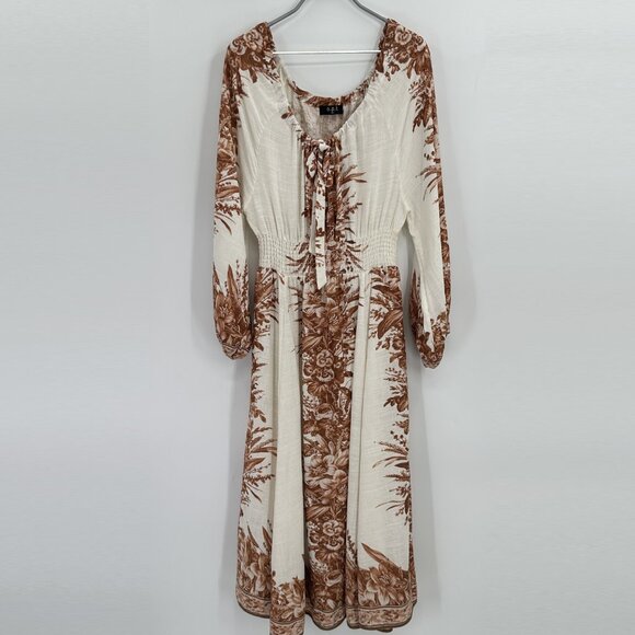 OPT Long Sleeve Linen Blend Midi Dress Ivory/Brown Floral Print size M Medium - Picture 9 of 9